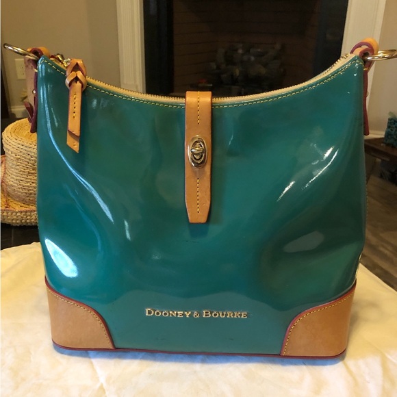 Dooney & Bourke Handbags - Dooney & Bourke Teal Blue Patent Leather and Tan Vachetta Leather Shoulder Bag